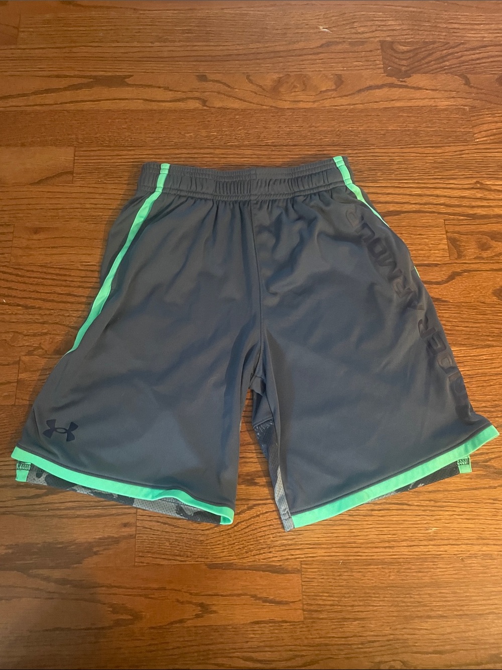 Under Armour Boys' Gray Shorts with Green Trim